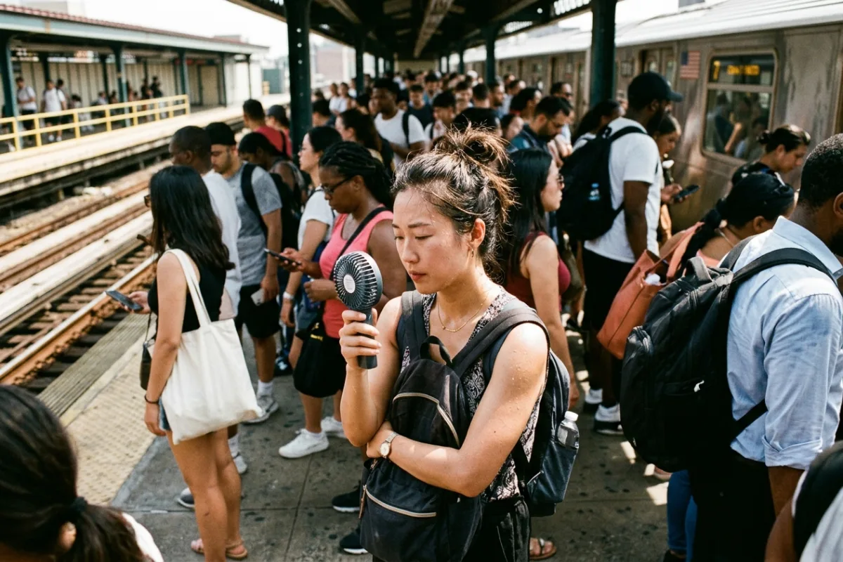 A commuter holds a small metal handheld fan while waiting on a crowded summer subway platform for a train