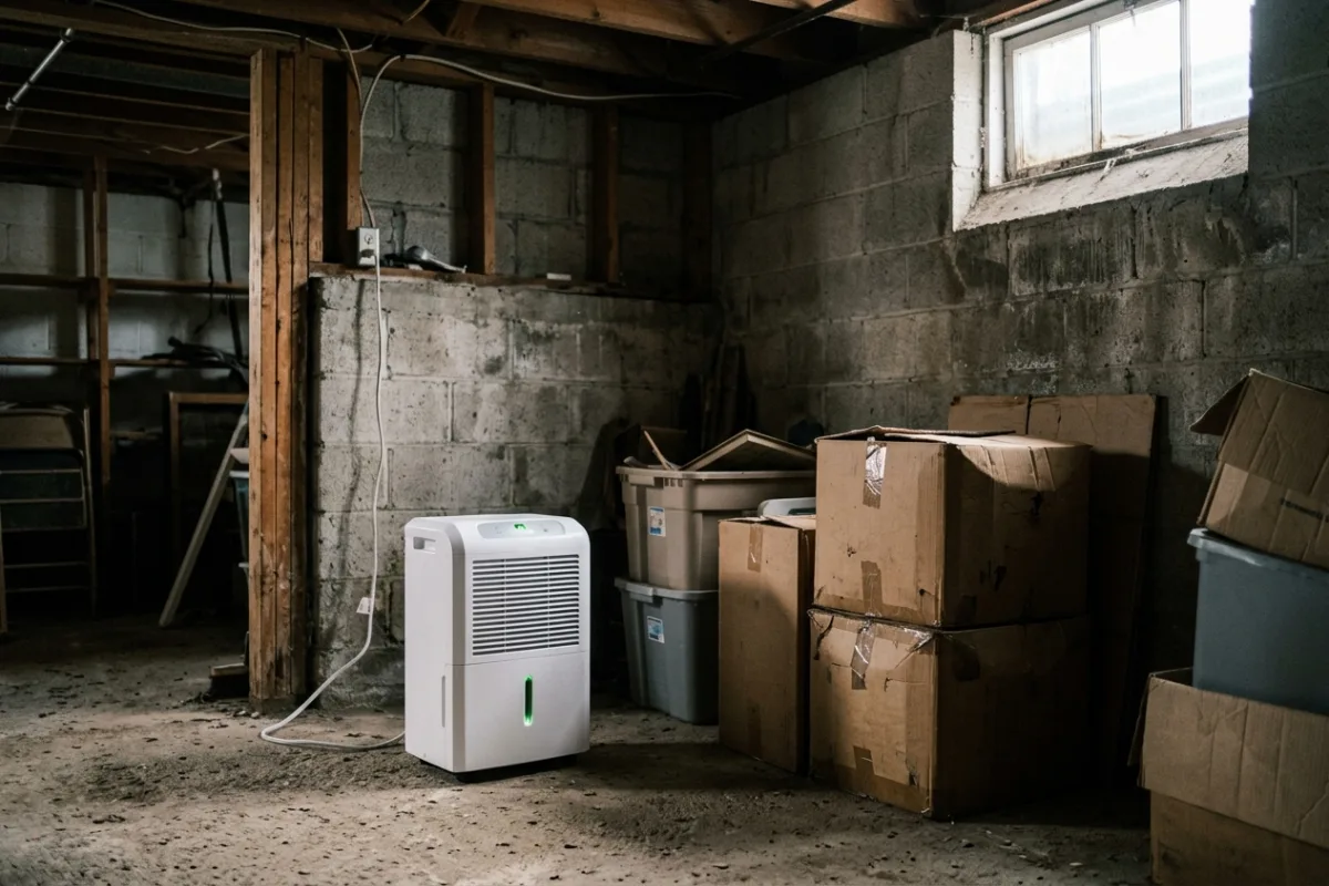 A white dehumidifier runs in the corner of a dim basement beside stacked storage boxes and a laundry area.