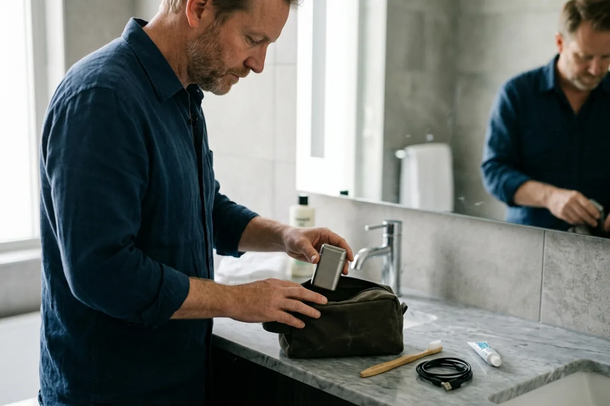 A man packing a small toiletry bag before a flight, electric razor tucked beside travel-size toiletries.