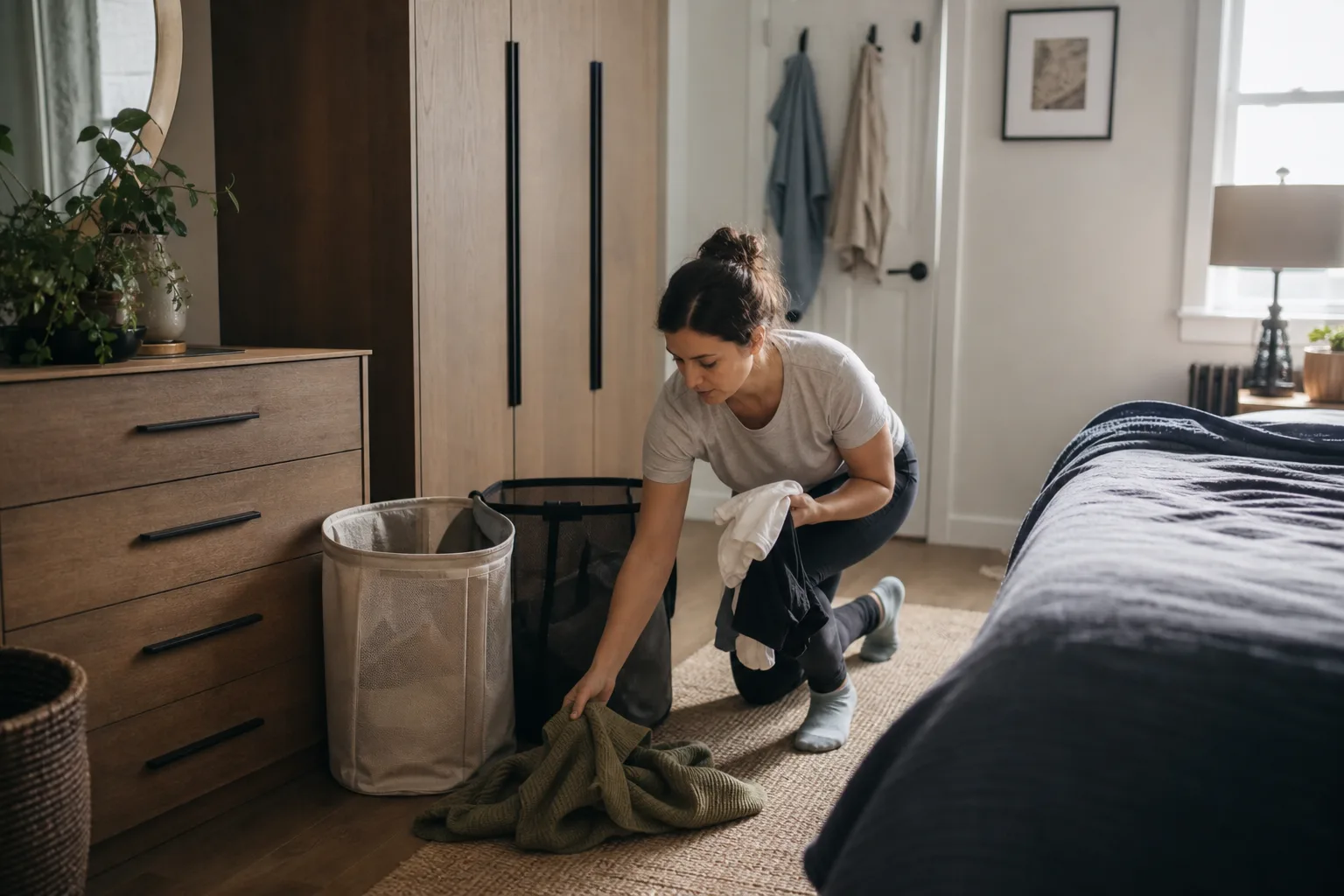 Adult sorting clothing into breathable hampers beside a wardrobe