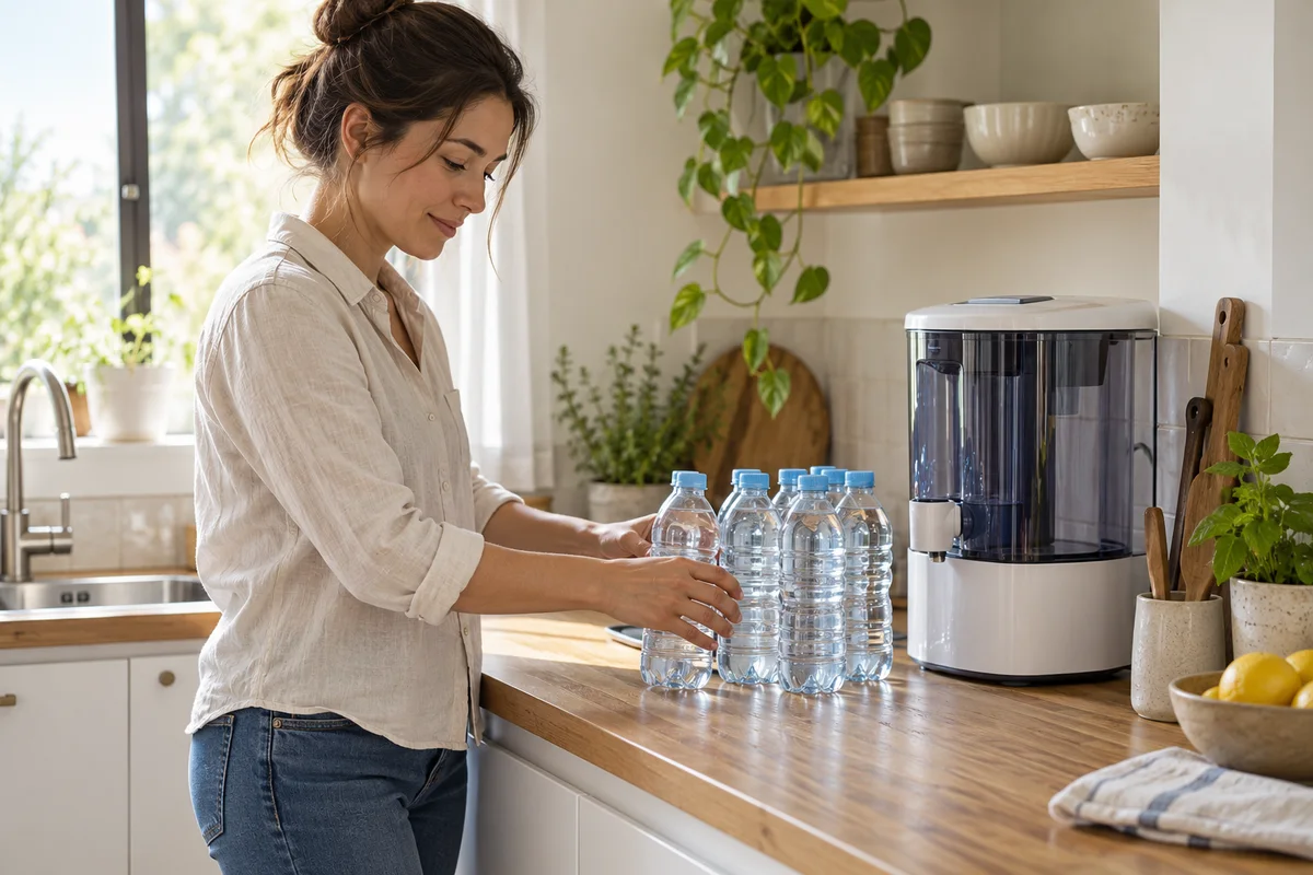 An adult setting sealed water bottles beside an idle countertop purifier