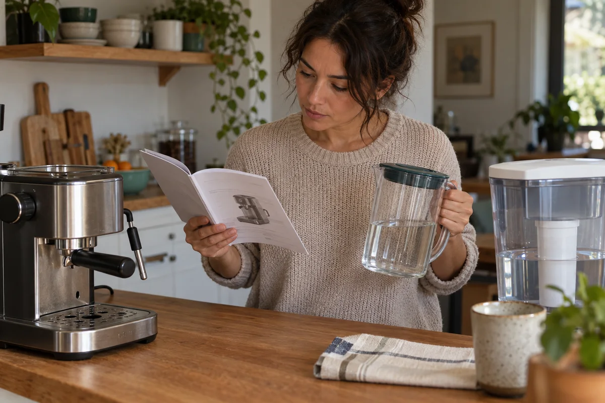 An adult comparing an espresso-machine water guide with a glass pitcher in a home kitchen