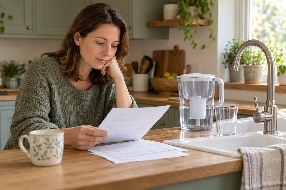 A homeowner comparing tap-water paperwork with a countertop filter
