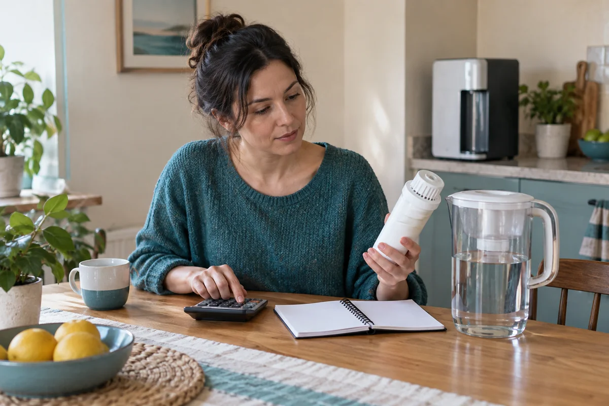 An adult comparing a filter cartridge and a handwritten household worksheet at a kitchen table with a water pitcher