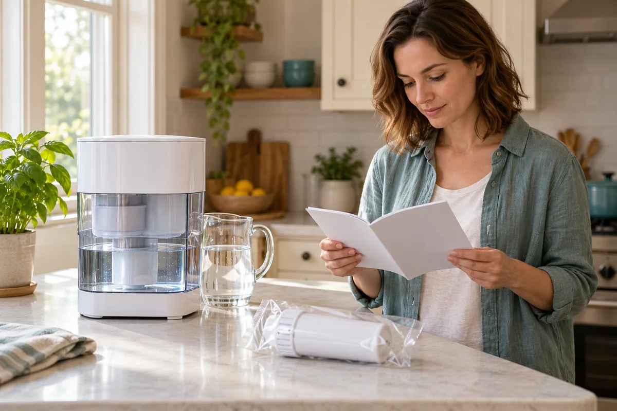 Replacement filter cartridge beside a countertop water system