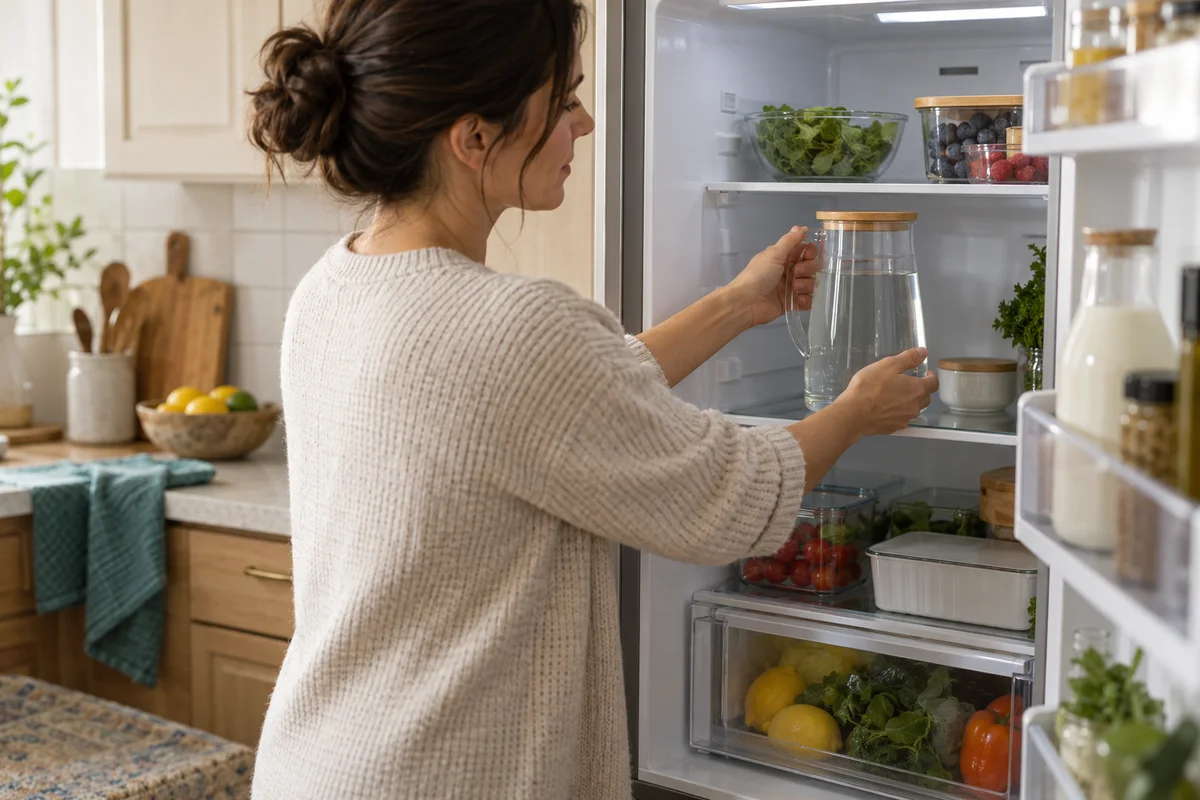 A glass water pitcher placed carefully on a refrigerator shelf