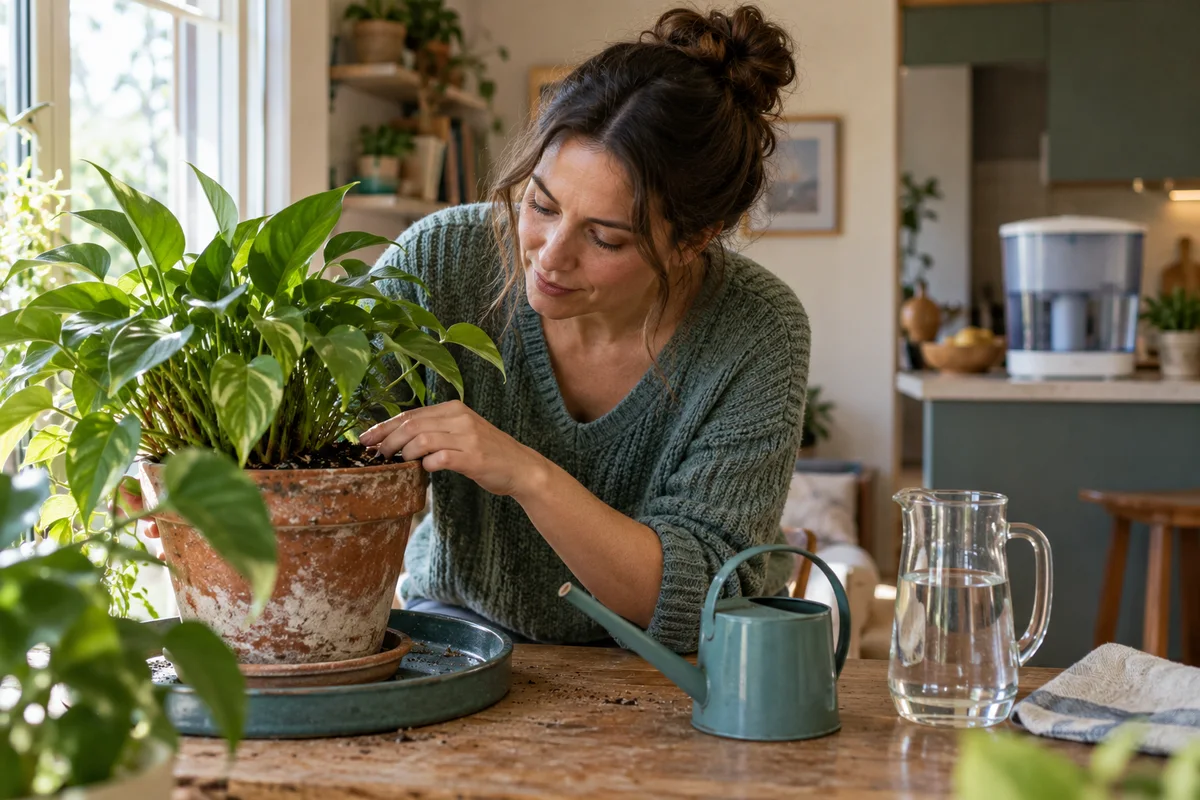A plant owner checking potting mix beside a small watering can and a glass pitcher