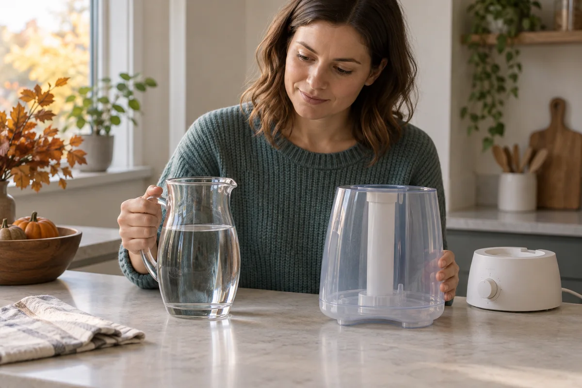 A person comparing a glass water pitcher and an unplugged empty humidifier tank on a dry kitchen counter