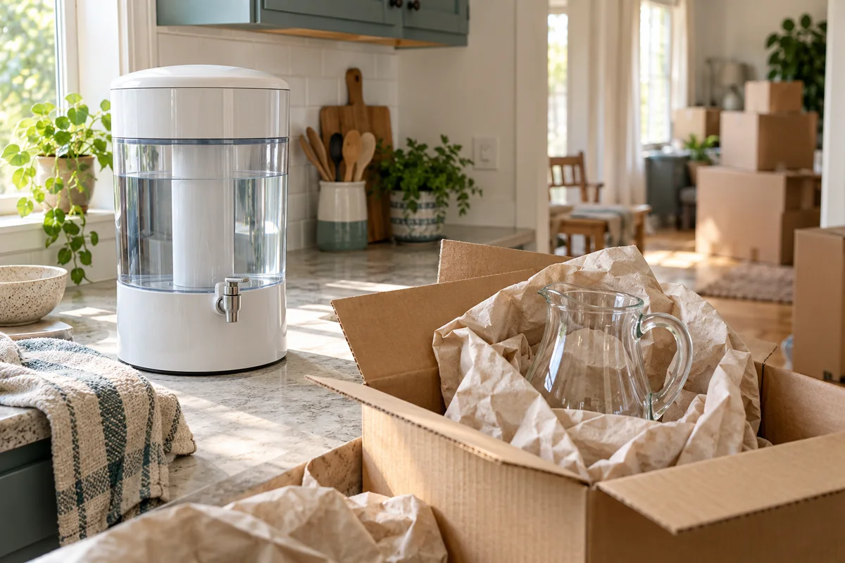 A countertop filter standing upright beside open packing materials in a bright kitchen
