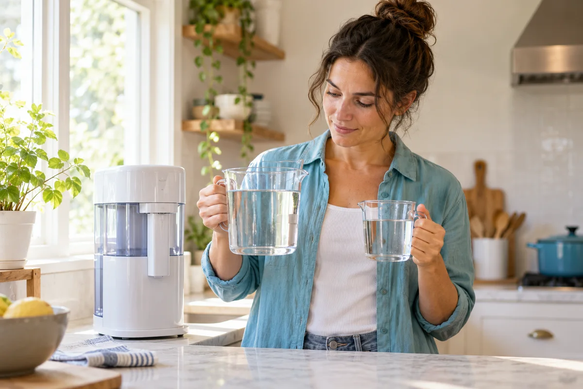 An adult comparing two clear water jugs beside a countertop purifier