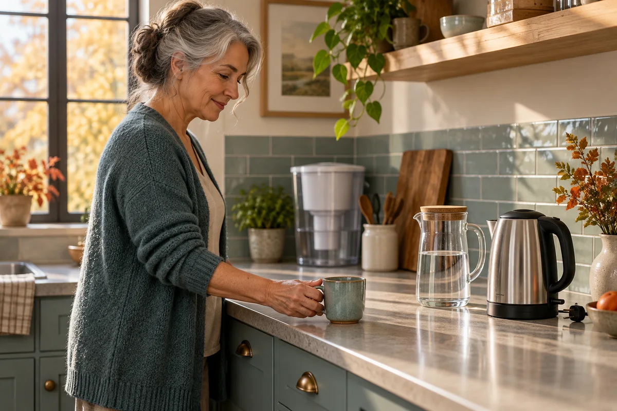 A tea drinker arranging an unplugged kettle and a glass water pitcher on a dry kitchen counter