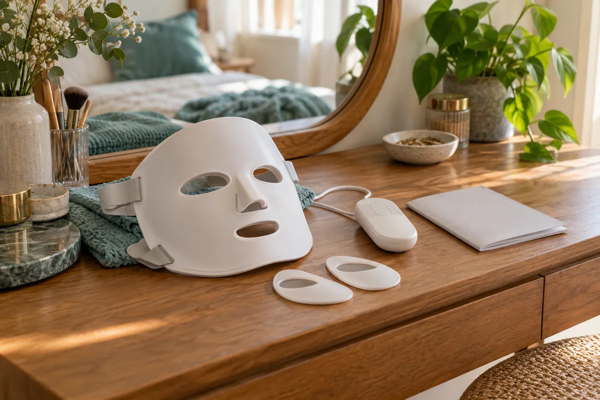 An unlit flexible face mask and controller beside a closed instruction booklet