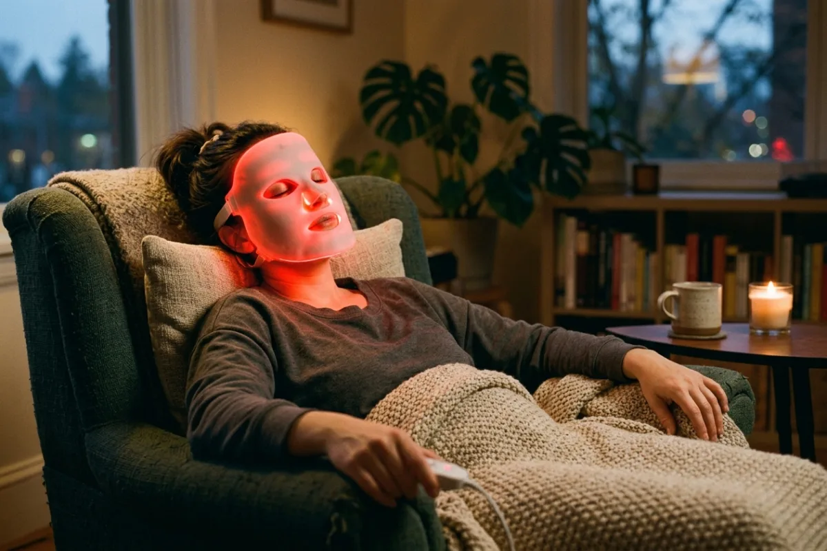 Person relaxing on a couch in the evening while wearing a glowing LED light therapy face mask