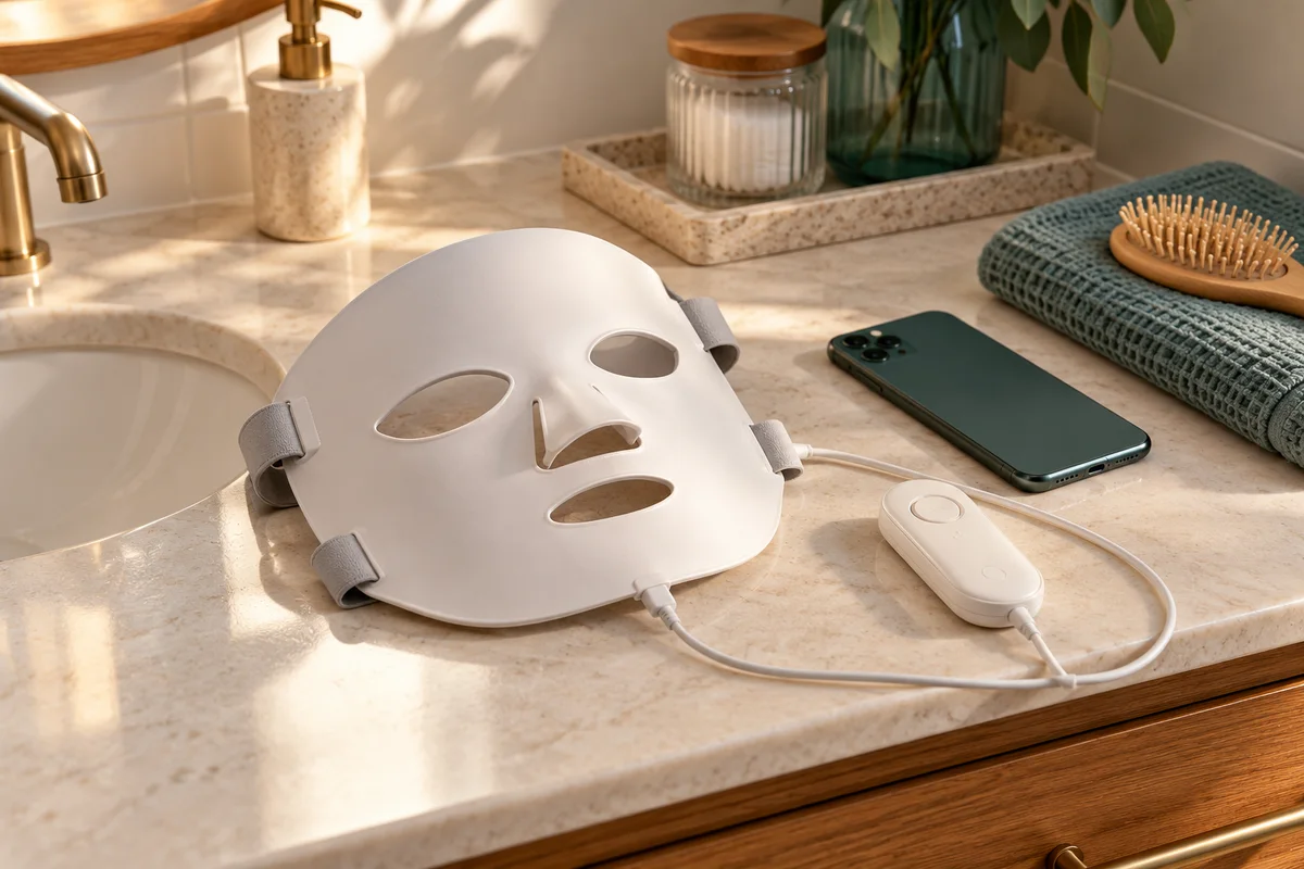 Unlit face mask and handheld controller on a dry vanity