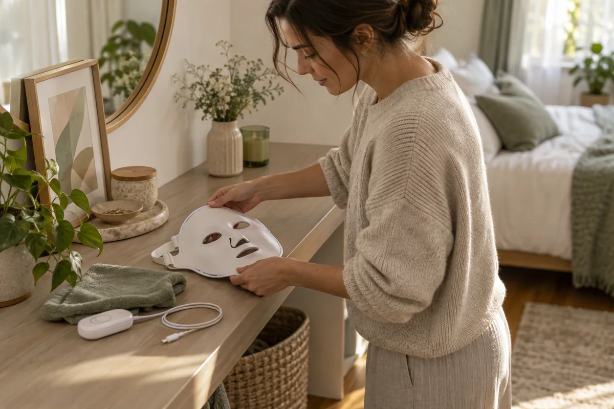 A woman placing a generic flexible LED face mask flat on a clean dry bedroom shelf beside a soft cloth