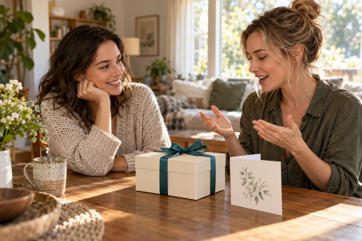 Two adults discussing a personal-care gift beside an unopened plain box
