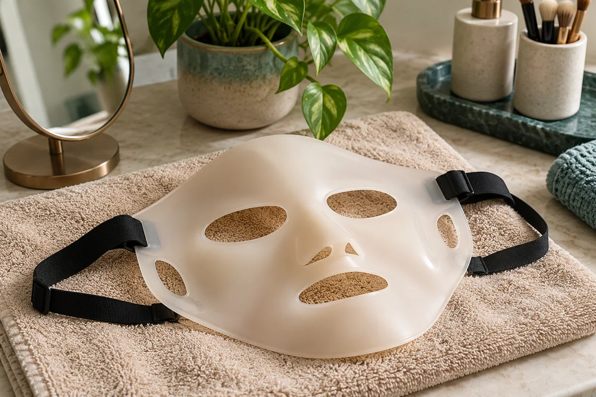 Flexible face mask and adjustable strap on a bathroom vanity
