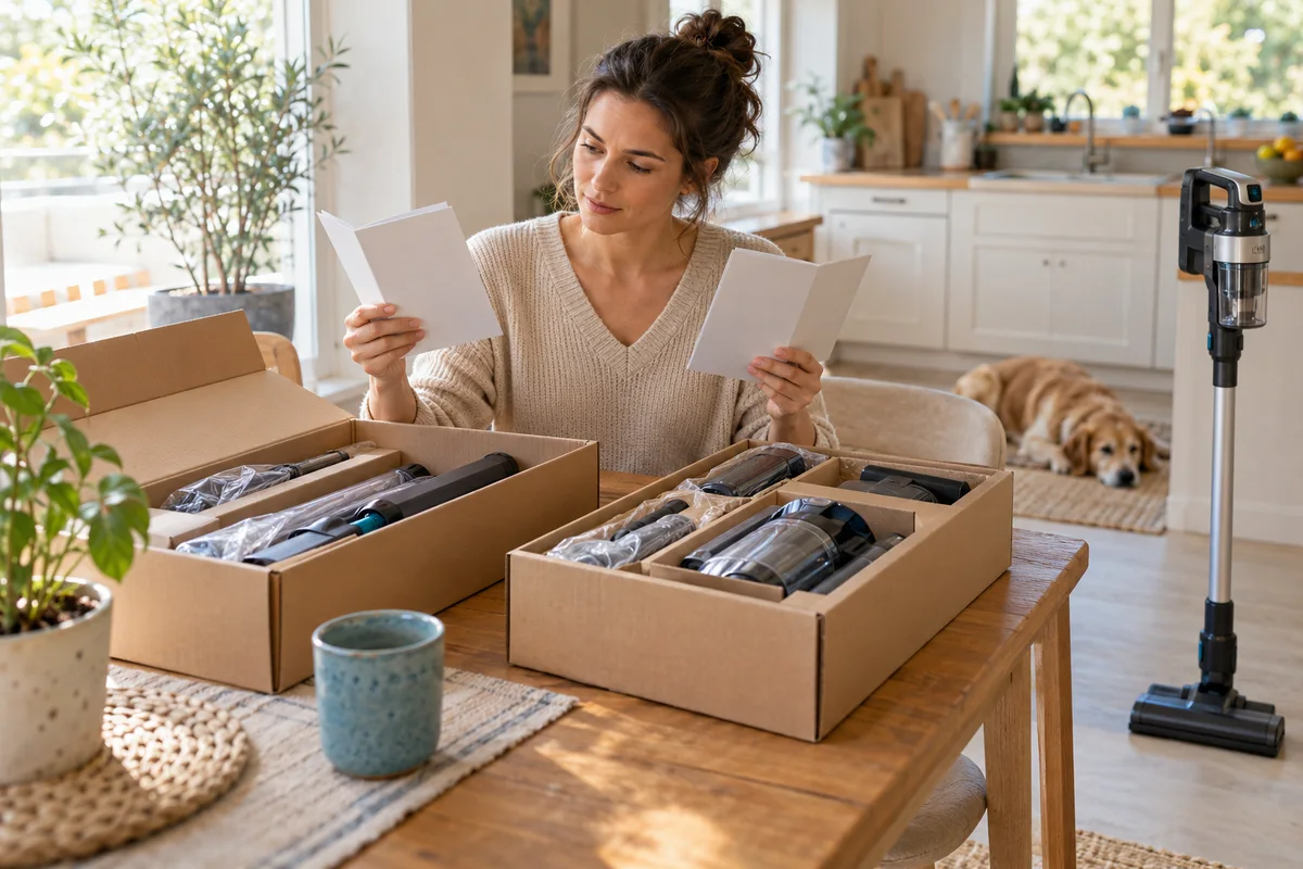 A shopper comparing vacuum packaging details at a home table