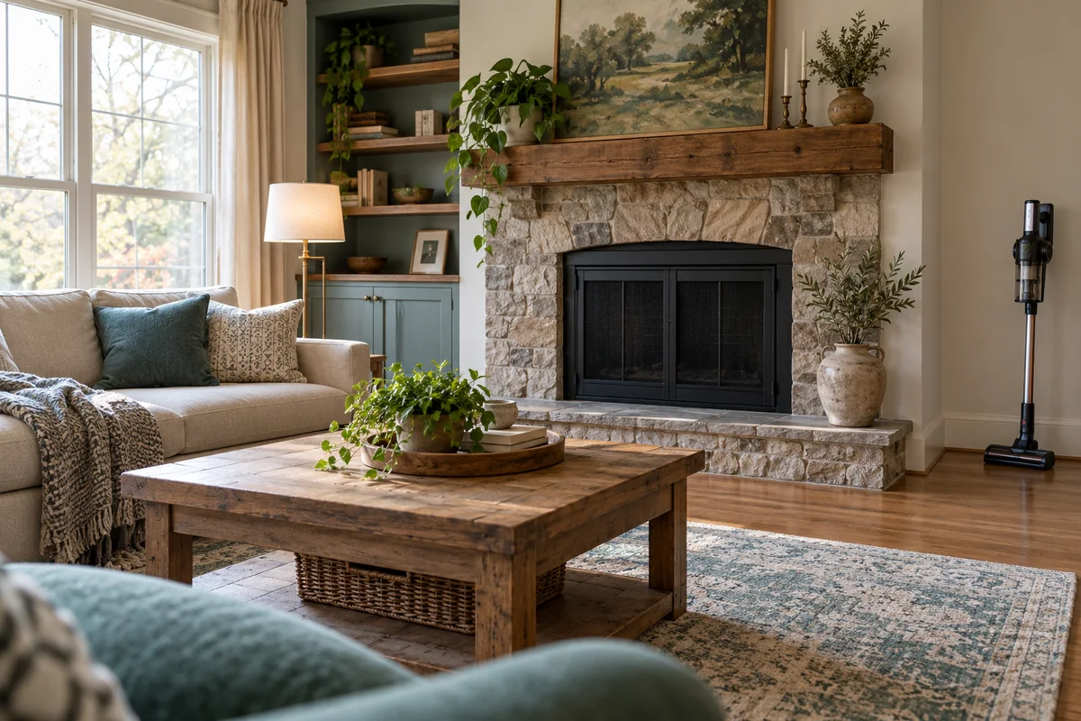 A cordless vacuum parked away from a closed cold fireplace in a tidy living room