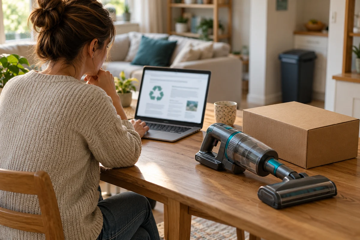 An adult checking local battery-recycling guidance beside an intact cordless vacuum