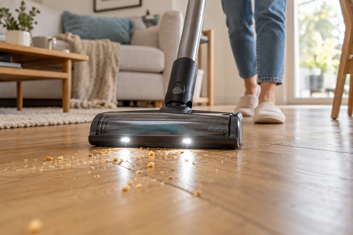A lit vacuum floorhead revealing a few dry crumbs on an oak floor