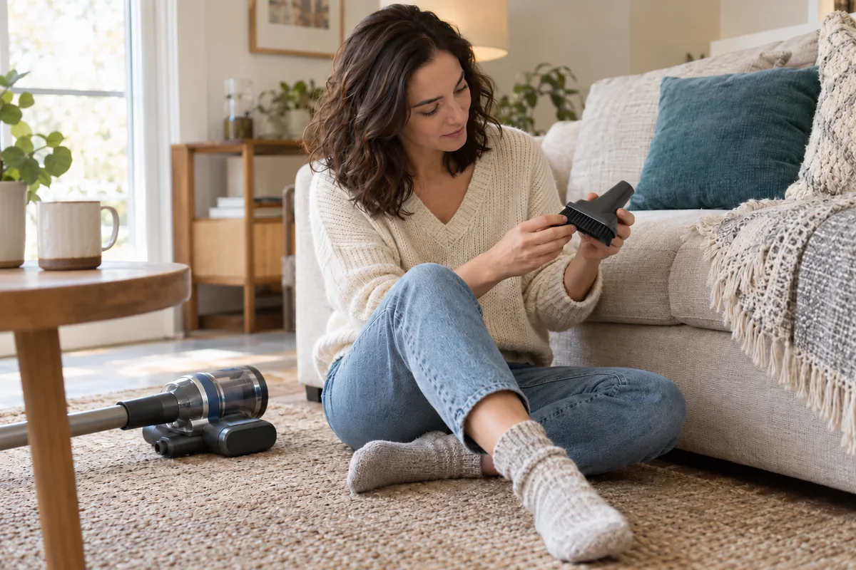 An adult inspecting a generic upholstery nozzle beside a dry fabric sofa