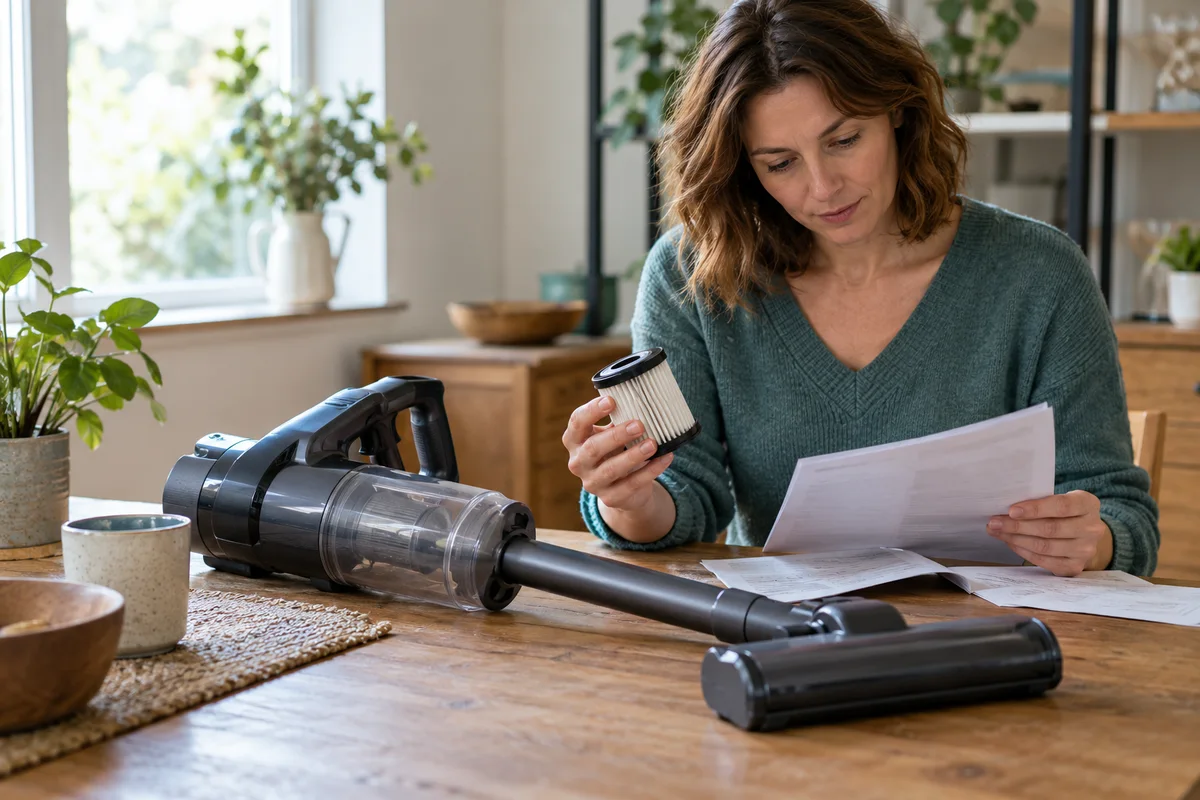 An adult comparing vacuum filter paperwork beside a powered-off cordless vacuum