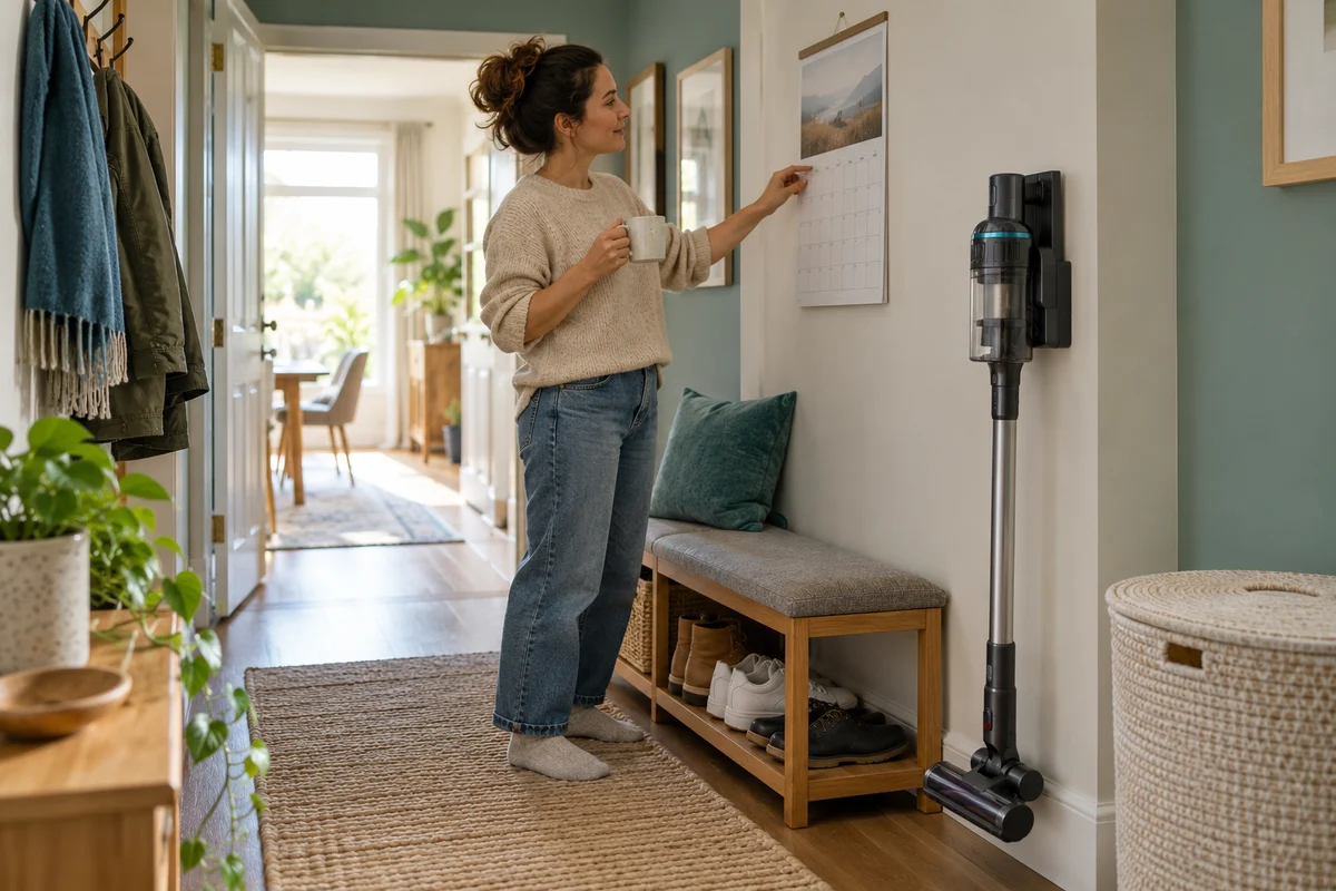 A parent planning room cleaning beside a cordless vacuum and a household calendar