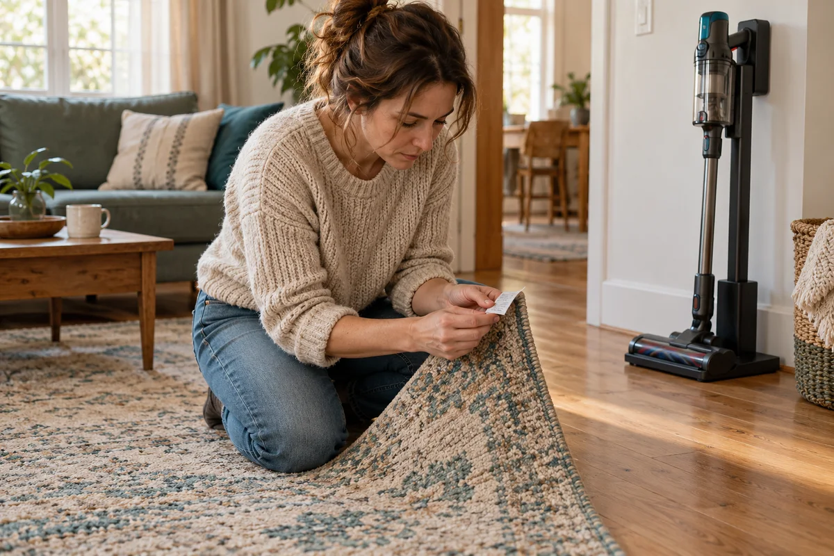A homeowner reading a rug care label beside a cordless vacuum kept off the rug