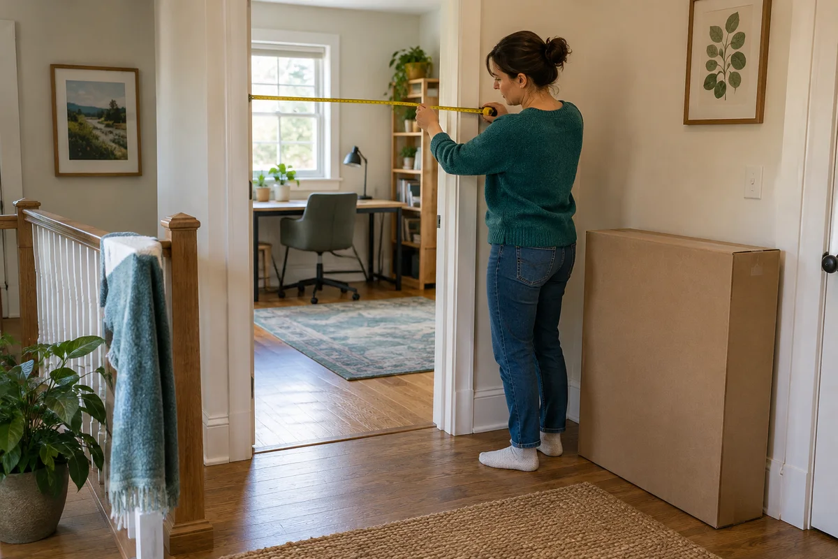 An adult measuring a doorway beside an unopened plain furniture carton with a home-office desk visible beyond