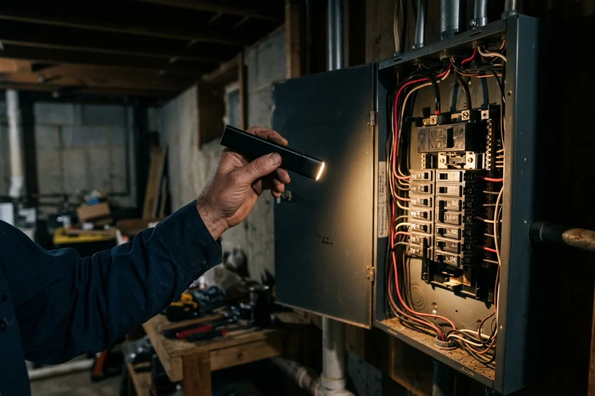A person aiming a slim pocket flashlight at a home circuit breaker panel during a nighttime power outage.