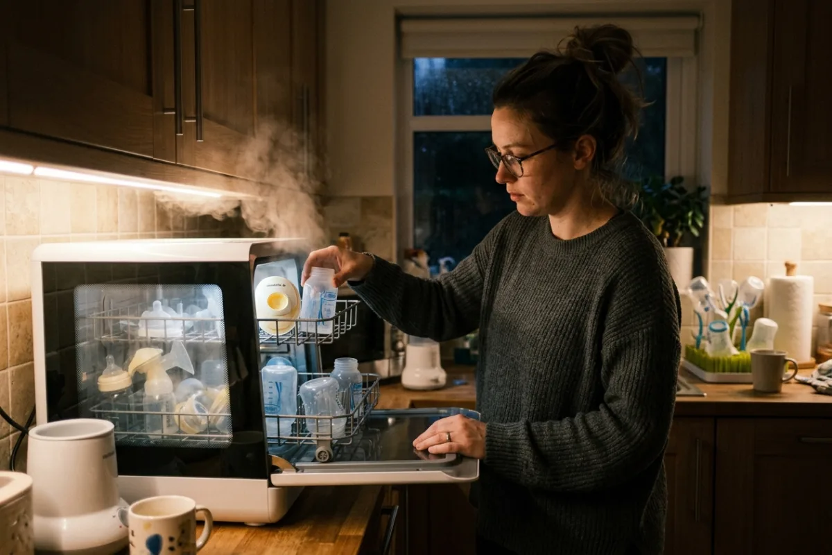 A parent loading baby bottles and pump parts into a countertop washer in a kitchen at night.