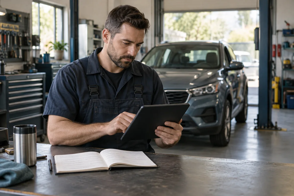 A technician reviewing a generic diagnostic tablet and notes beside a stationary car in a clean garage
