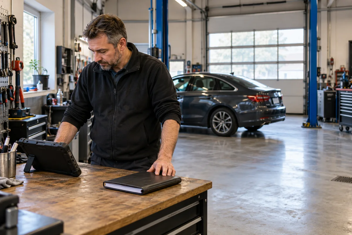 A workshop manager planning equipment beside a disconnected diagnostic tablet