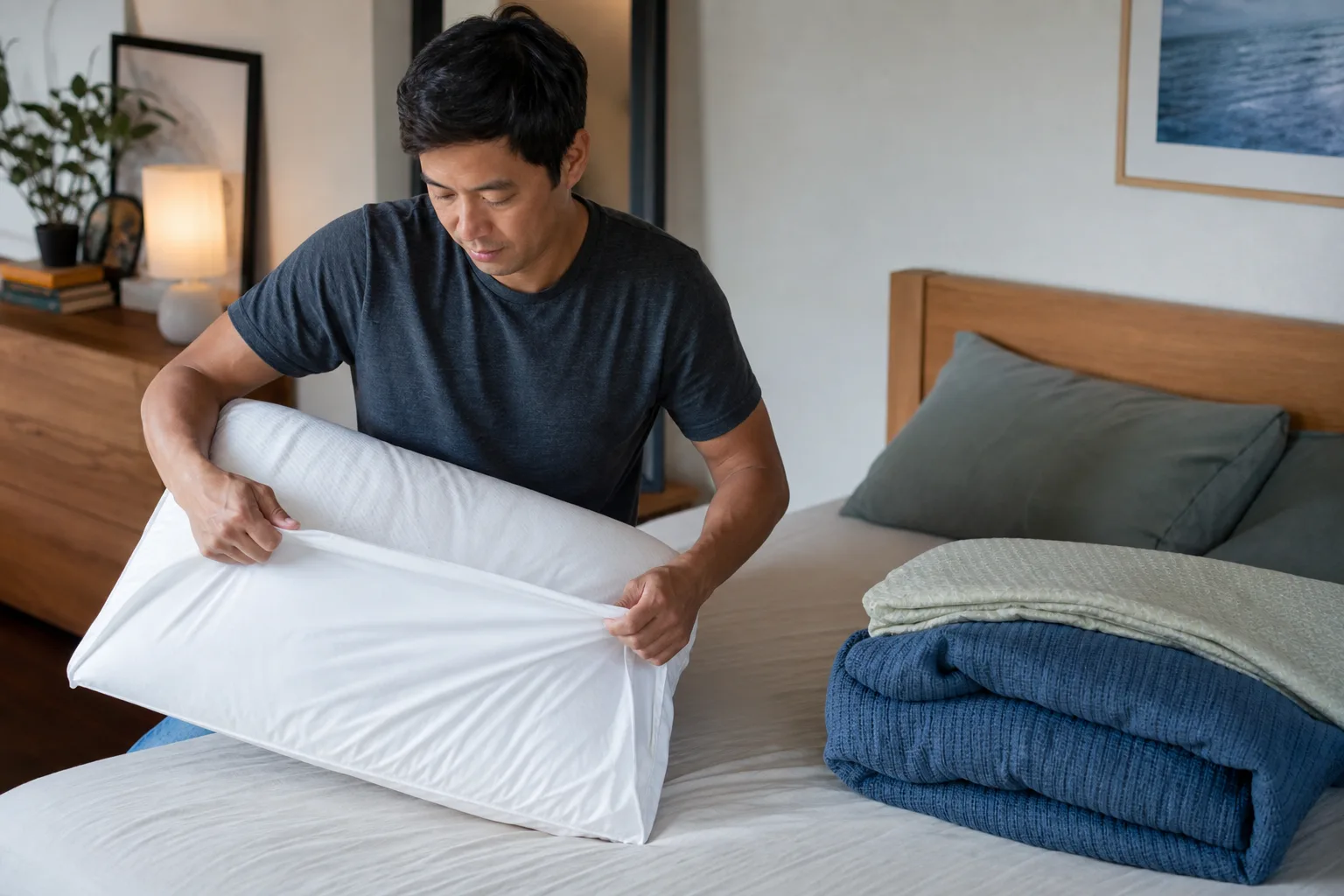 Adult fitting a clean pillow protector beneath a pillowcase