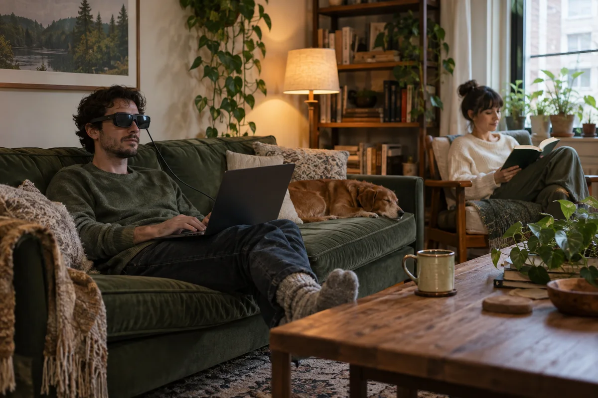 Two adults sharing a cozy living room while one uses wired display glasses and the other reads