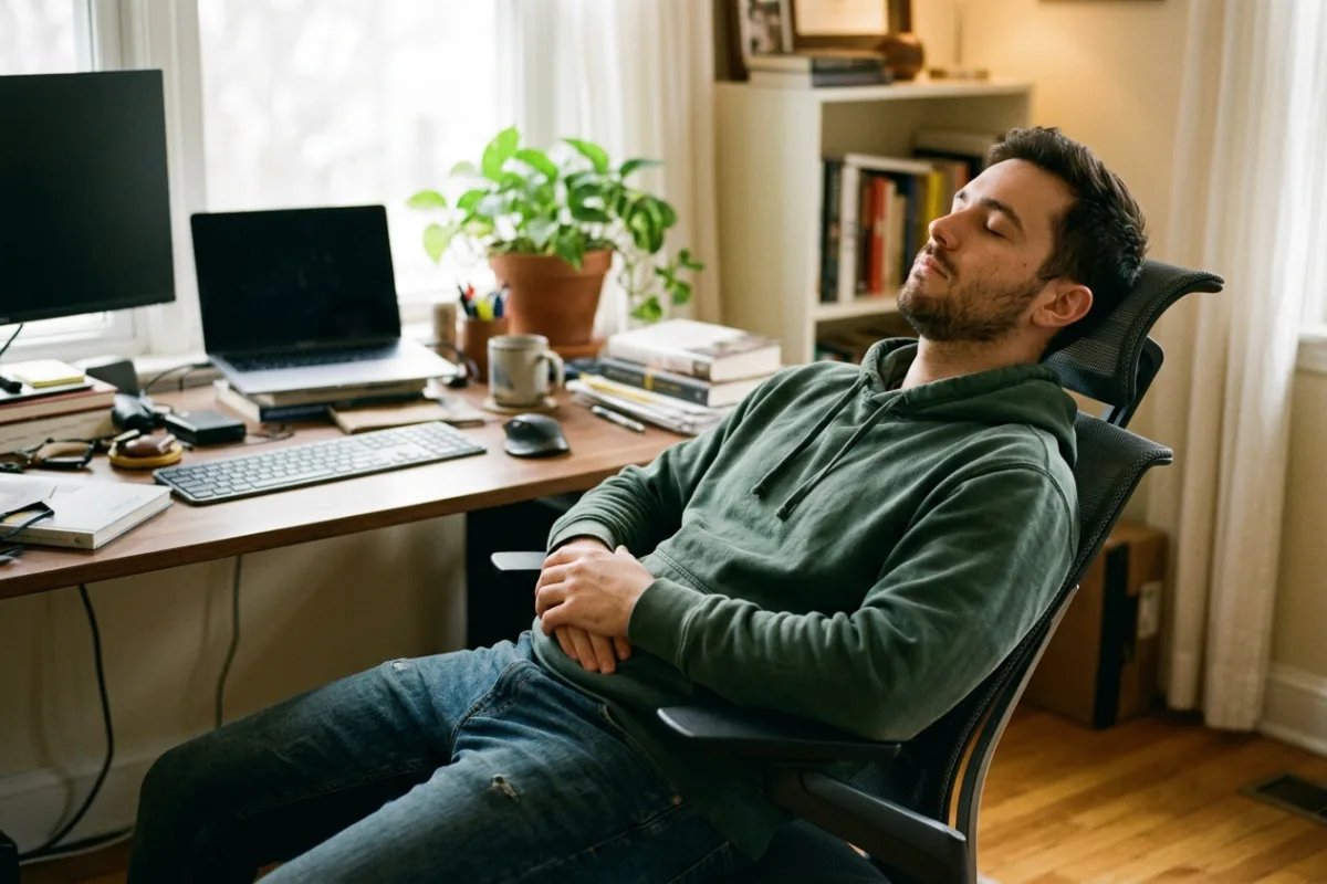 A person leaning back in a mesh office chair with head resting, eyes closed, during a quiet afternoon break.