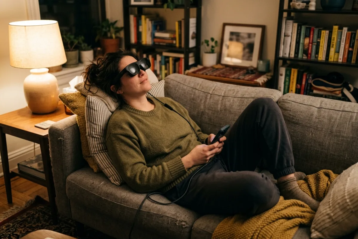 Person wearing lightweight video glasses on a couch at night, cable connected to a smartphone nearby