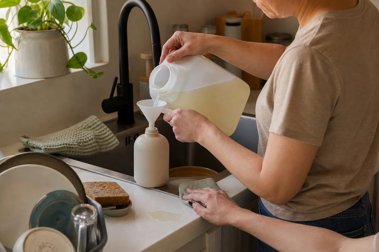 Adult refilling a plain soap dispenser beside a kitchen sink