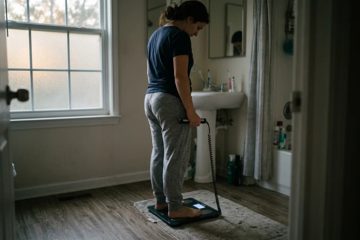 A person steps onto a bathroom scale and grips its handle while checking body composition results at home.