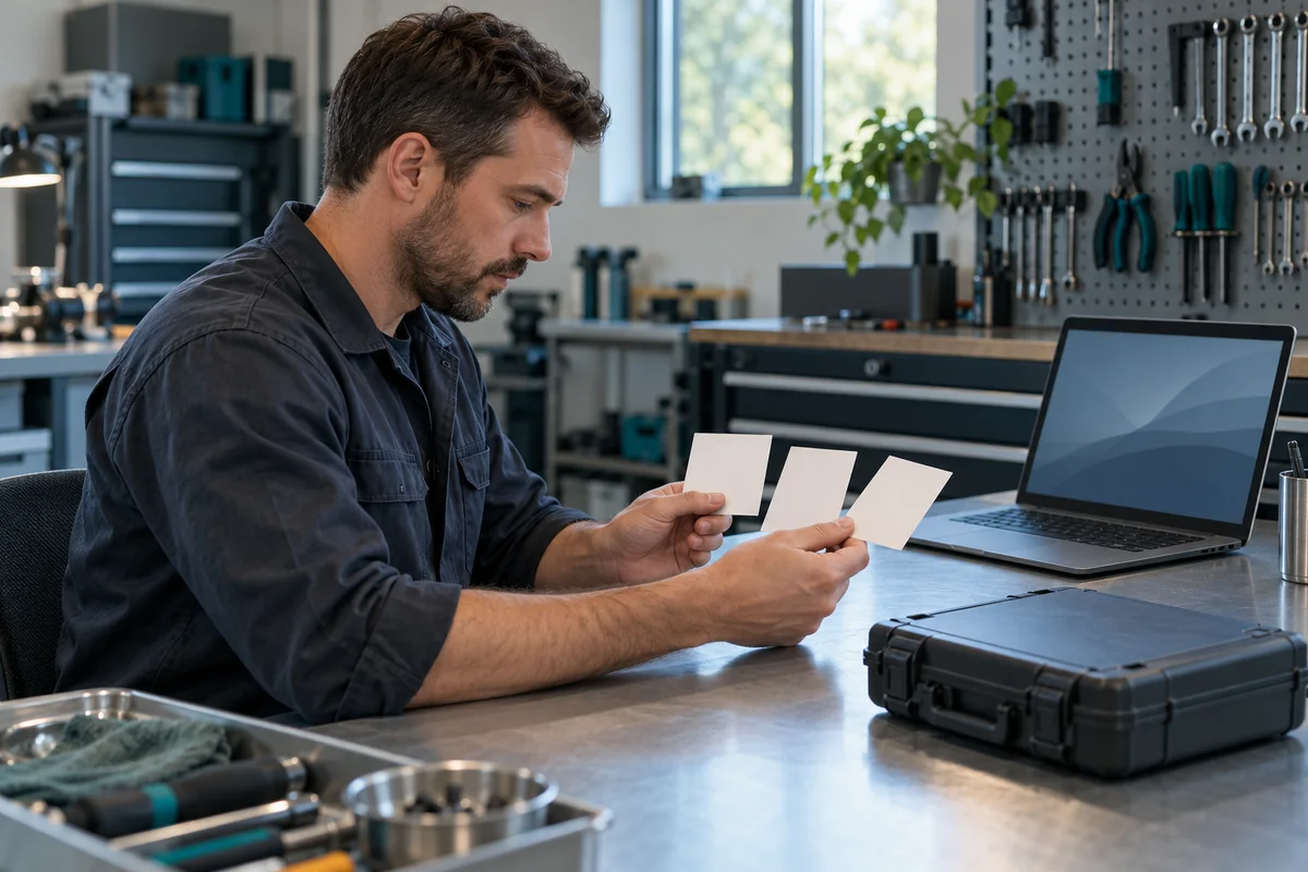 A workshop owner reviewing access requirements beside a disconnected interface and laptop