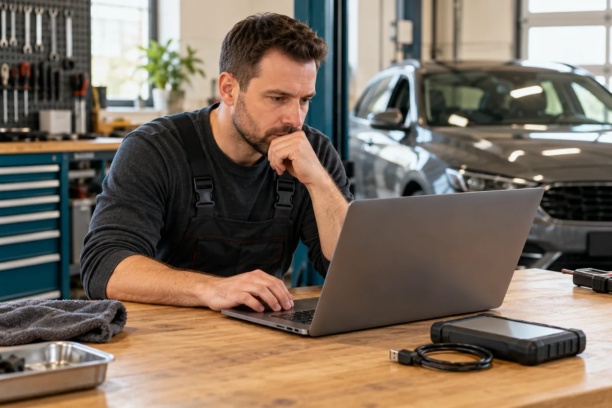 Technician reviewing a laptop beside a disconnected interface