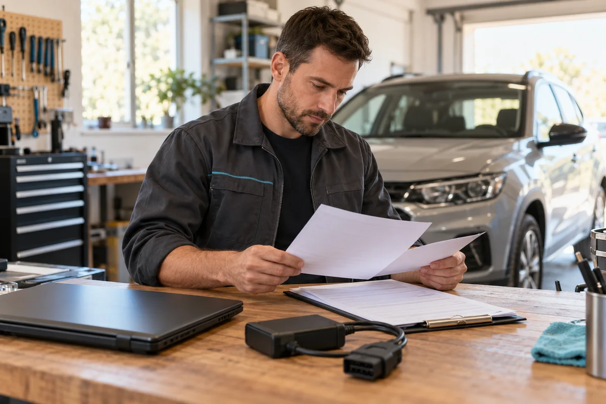 A technician checking vehicle paperwork and a pass-through interface before a job
