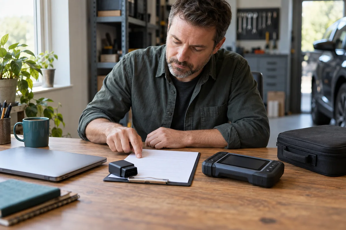 A workshop owner comparing generic diagnostic interface shapes beside a laptop and a closed carry case