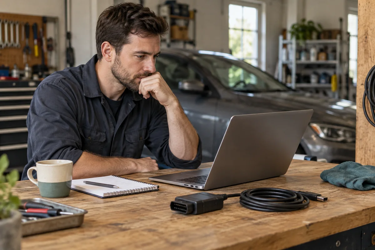 A technician reviewing a laptop and disconnected interface on a clean workshop bench with a stationary car in the background