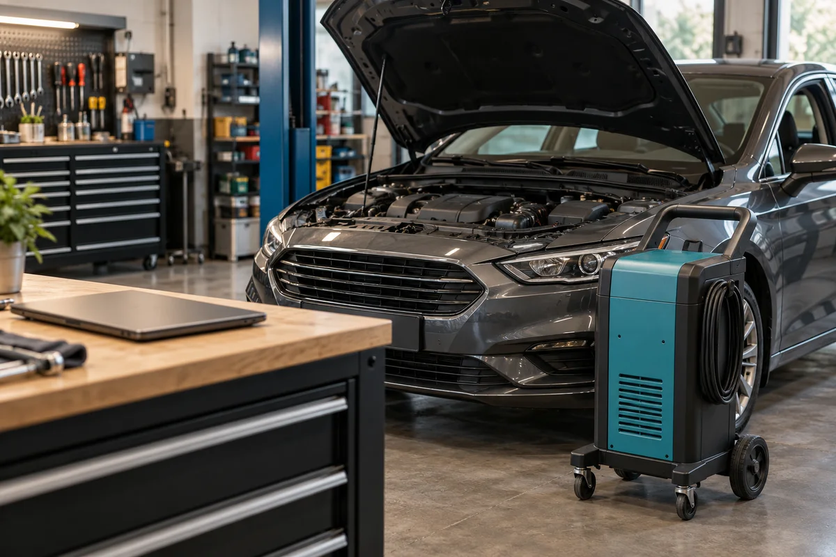Battery-support equipment beside a car in a workshop