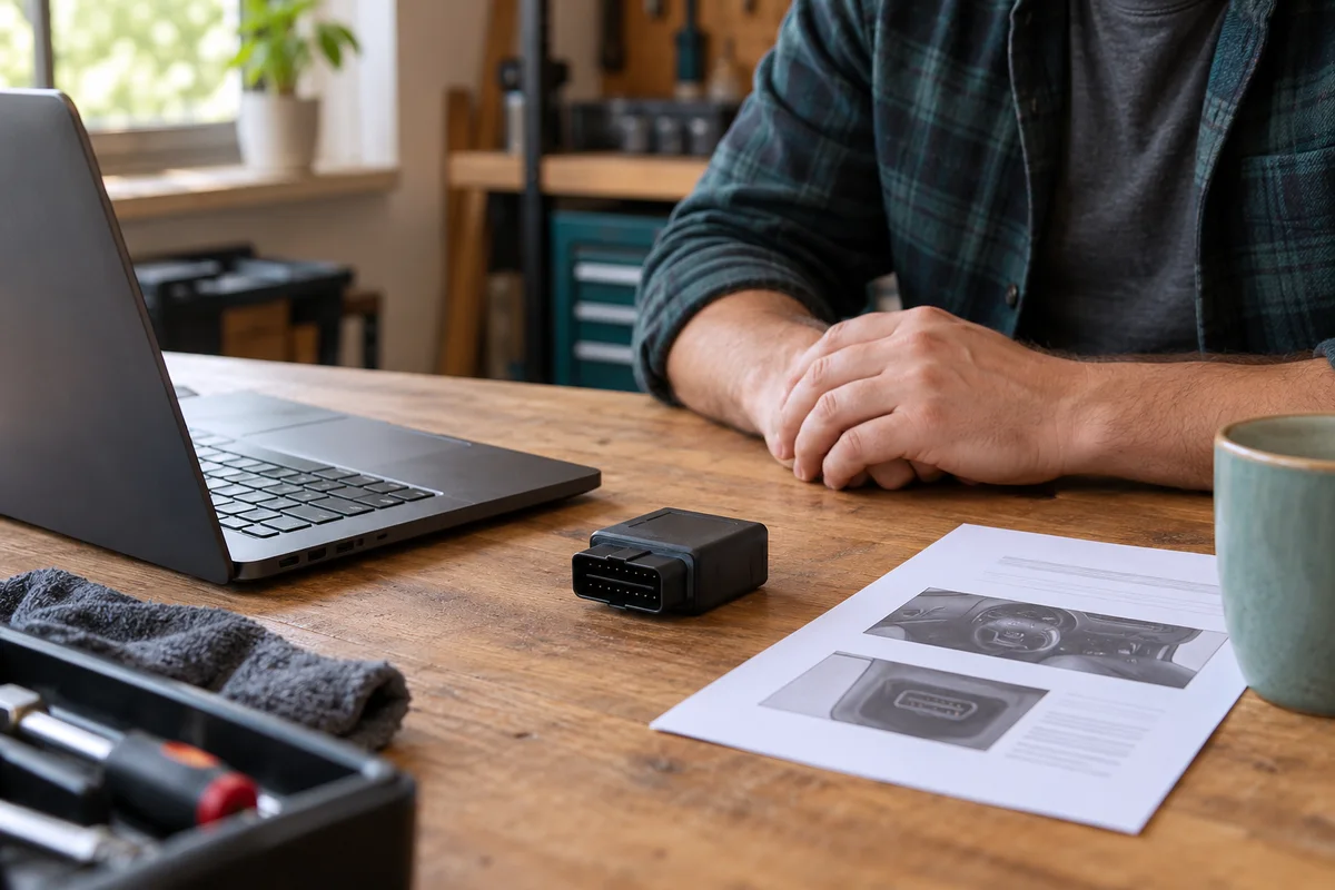 A technician examining a disconnected vehicle interface and a printed guide on a workshop bench
