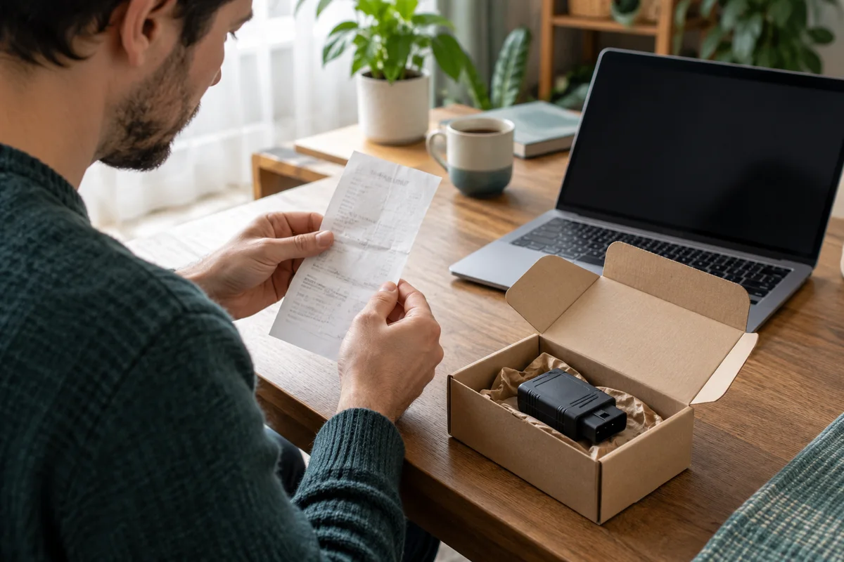 A buyer reviewing a used diagnostic interface and its purchase paperwork at a desk
