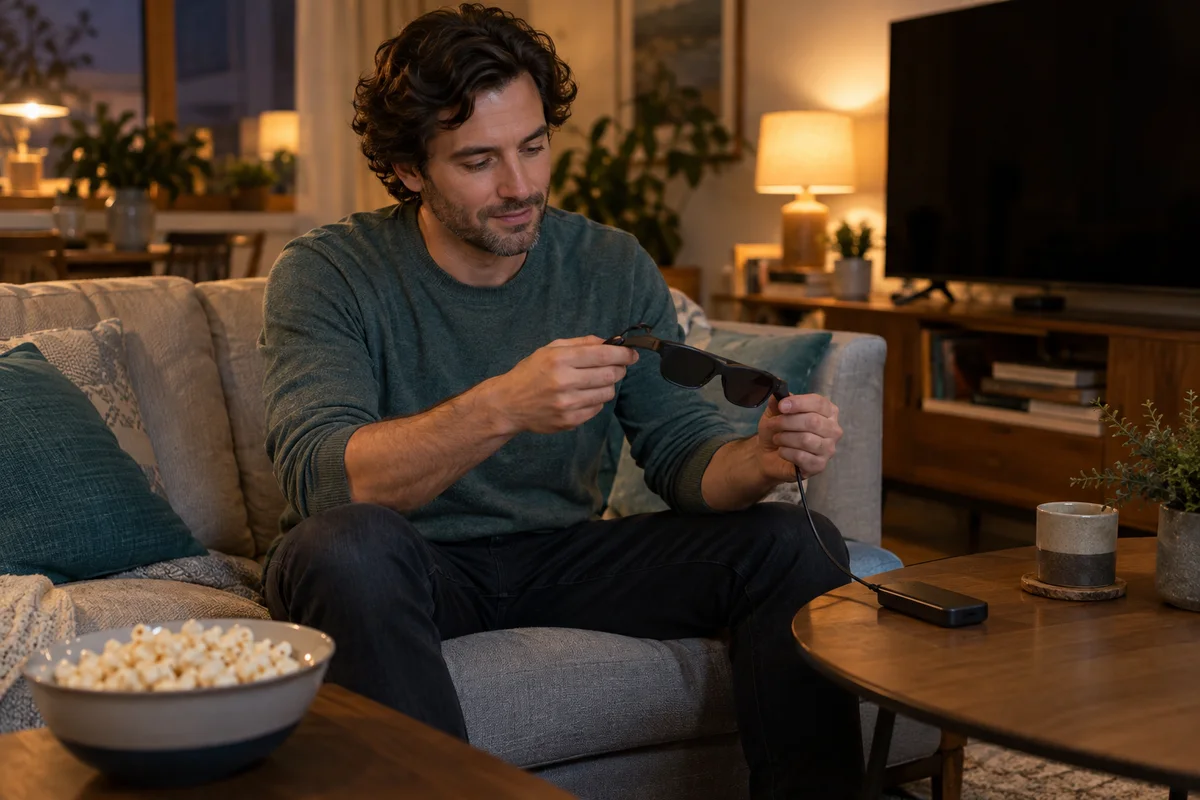 An adult preparing generic display glasses and a handheld media device for a quiet movie evening