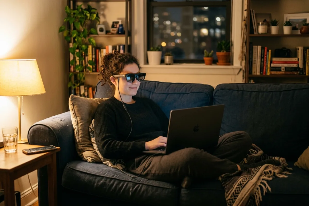A person reclining on a small apartment couch wearing sleek glasses while a laptop rests on their knees